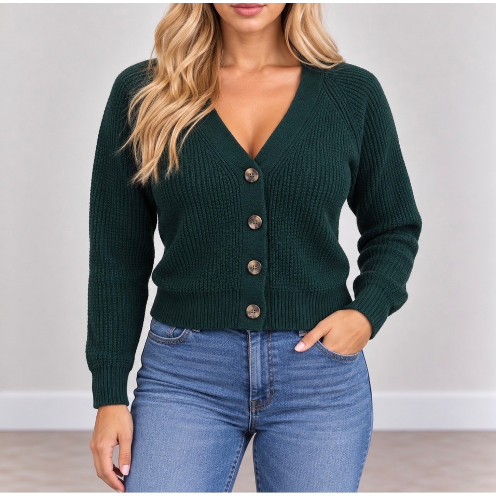 Old Navy Cardigan Small Green Good Ribbed V-Neck Button Front Cotton Blend